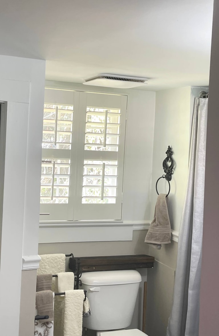 White Painted Faux Wood Plantation Shutters for Bathroom