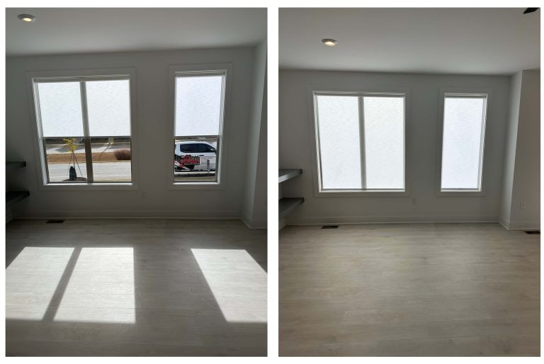 These images depict the effectiveness of light filtering shades in blocking light while maintaining room brightness while ensuring complete privacy. When closed, notice the absence of direct sunlight on the floor, safeguarding furniture and floors from potential sun damage.