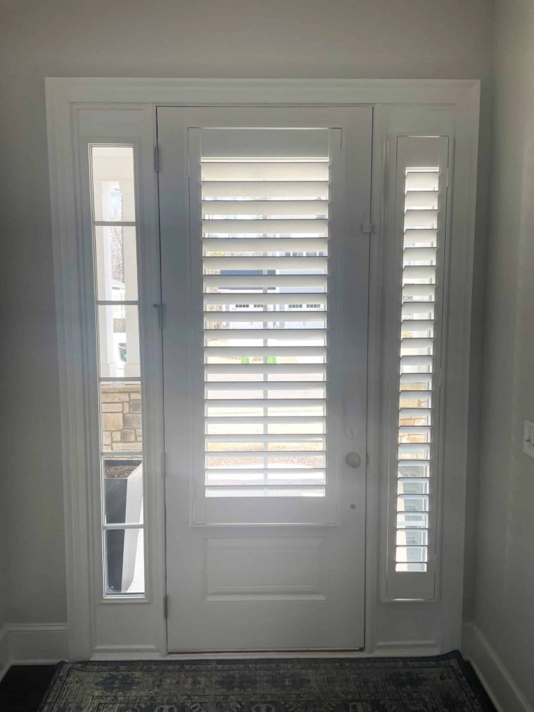 White Painted Wood Shutters on Front Door, 3.5 Louvers with Clearview, Outside Mount, No Divider Rails