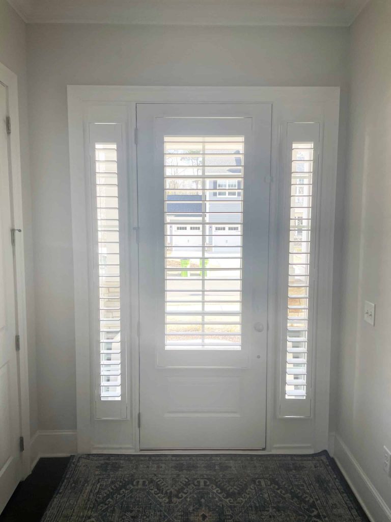 White Painted Wood Shutters on Front Door, 3.5 Louvers with Clearview, Outside Mount, No Divider Rails